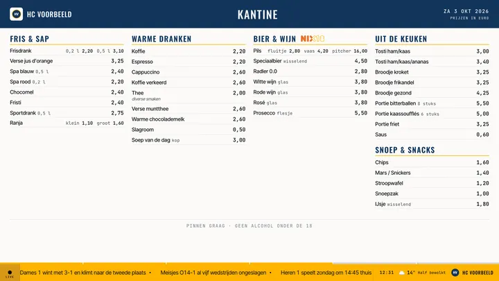 TV-scherm met de prijslijst van de kantine in vier kolommen, met het NIX18-logo bij bier en wijn.