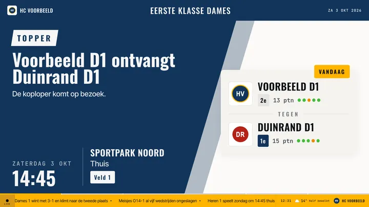 Voorbeeld van het TV-scherm: Voorbeeld D1 tegen Duinrand D1 als poster, met aanvangstijd, veld, stand en vorm van beide teams, en onderaan de ticker.
